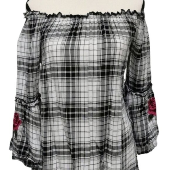 Design Lab by Lord & Taylor Plaid Off the Shoulder Blouse - Sz S - Picture 2 of 8